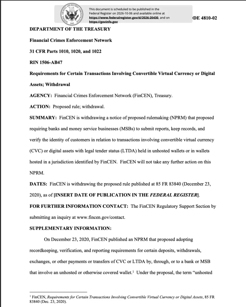 U.S. Treasury Withdraws Proposed Reporting Rules