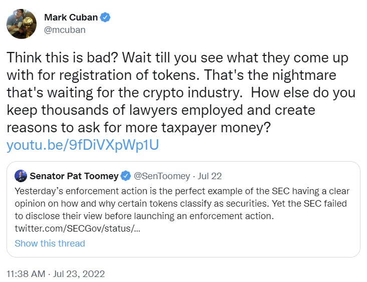 Billionaire Mark Cuban Expects SEC to Impose 'Nightmare' Crypto Registration Rules