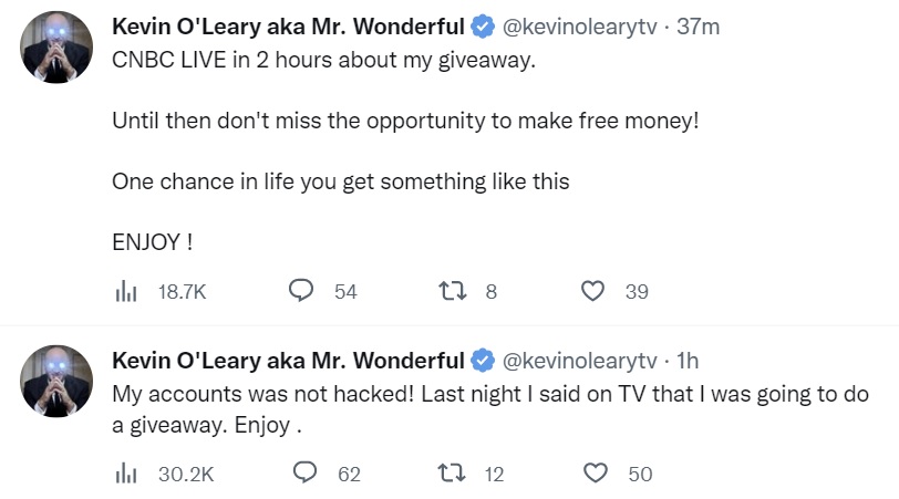 Kevin O'Leary's Twitter Account Hacked to Promote EdaFace, Ethereum Giveaway Scam