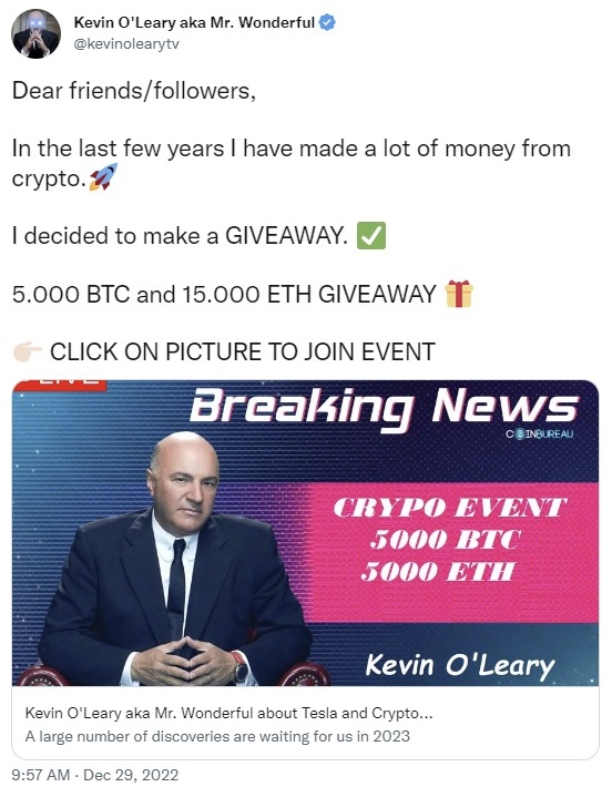 Kevin O'Leary's Twitter Account Hacked to Promote EdaFace, Ethereum Giveaway Scam