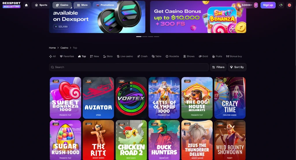 Dexsport’s full casino game library. Source: Dexsport.io