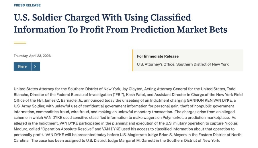 U.S. Soldier Charged for Insider Trading on Polymarket, Made $409K Profit