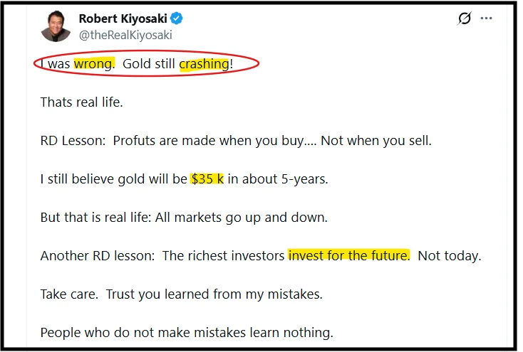 Gold Price Call Goes Wrong as Robert Kiyosaki Admits Mistake Days After Buy Signal 