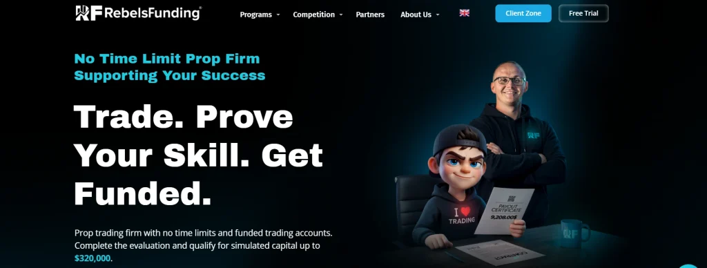 RebelsFunding homepage headlined "Trade. Prove Your Skill. Get Funded." beside an illustrated trader holding a $9,208.00 payout certificate, stating simulated capital up to $320,000.